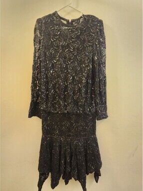 VTG Judith Ann Creations Sheer Sequin Beaded Lace Gatsby Evening Dress Sz Small